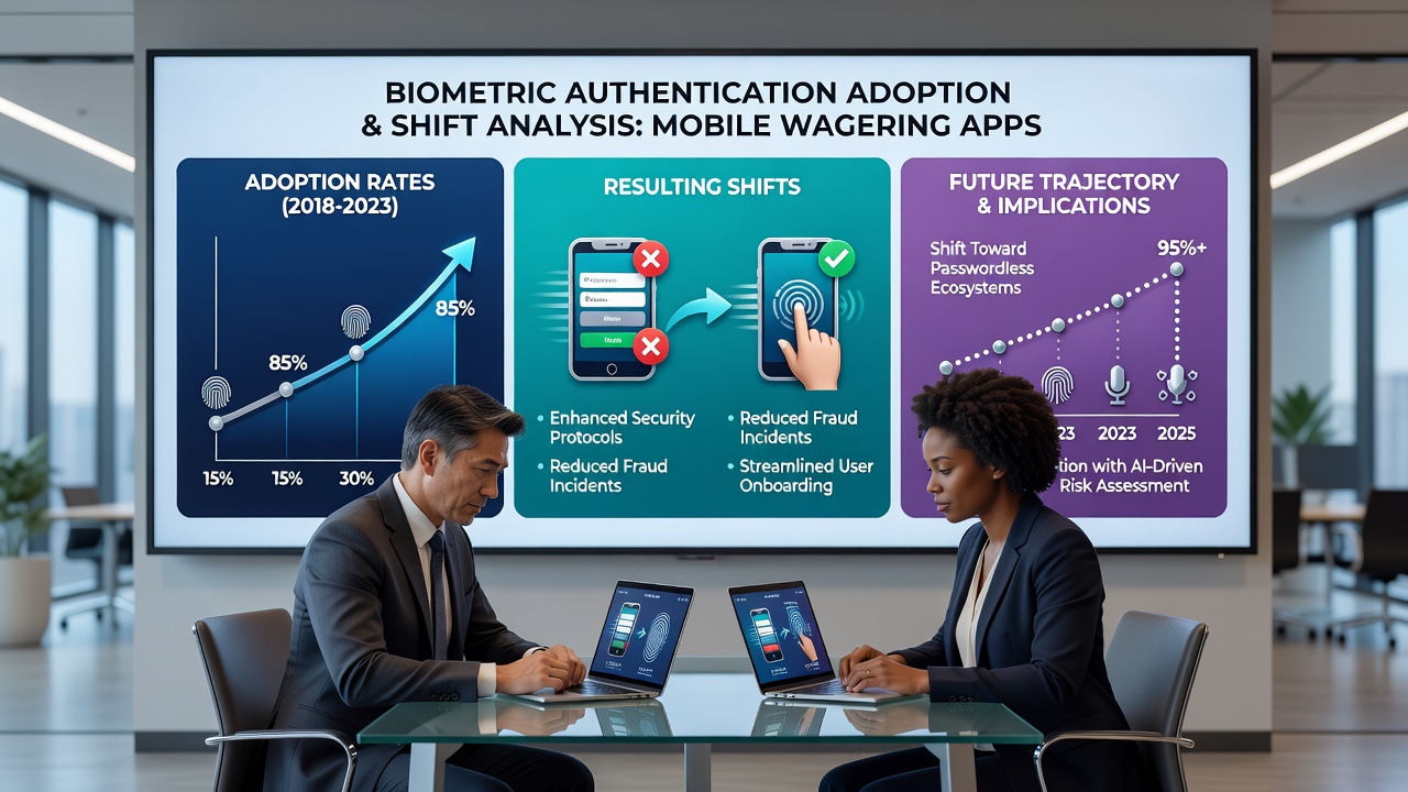 Dashboard view of biometric verification analytics in a mobile betting platform with adoption rate charts and user verification metrics