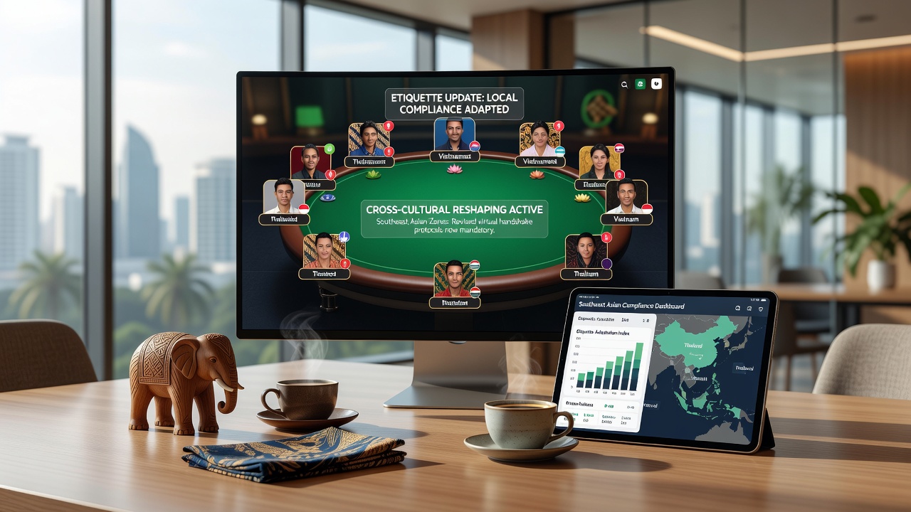 Virtual poker table interface showing diverse player avatars from Southeast Asian cultural backgrounds interacting in a regulated online environment