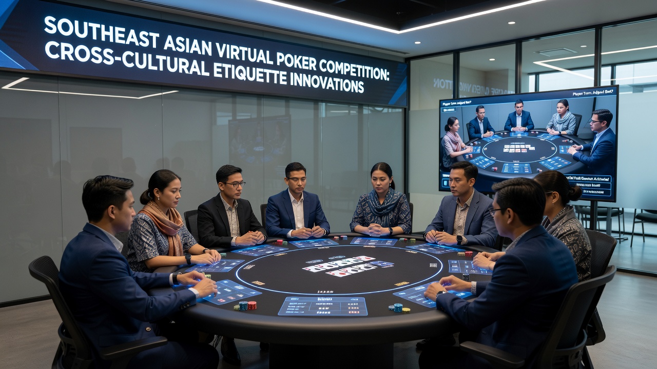 Diverse group of virtual poker players at a digital table demonstrating adapted greeting and interaction protocols in a Southeast Asian regulated environment