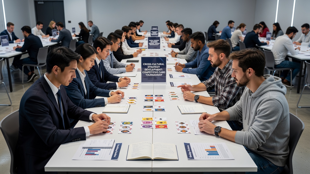 Diverse group of players analyzing tournament hand histories together on shared virtual screens during a cross-cultural strategy session