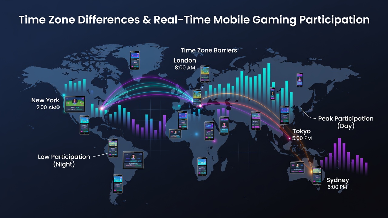 Mobile users across different time zones engaging in live gaming sessions on smartphones