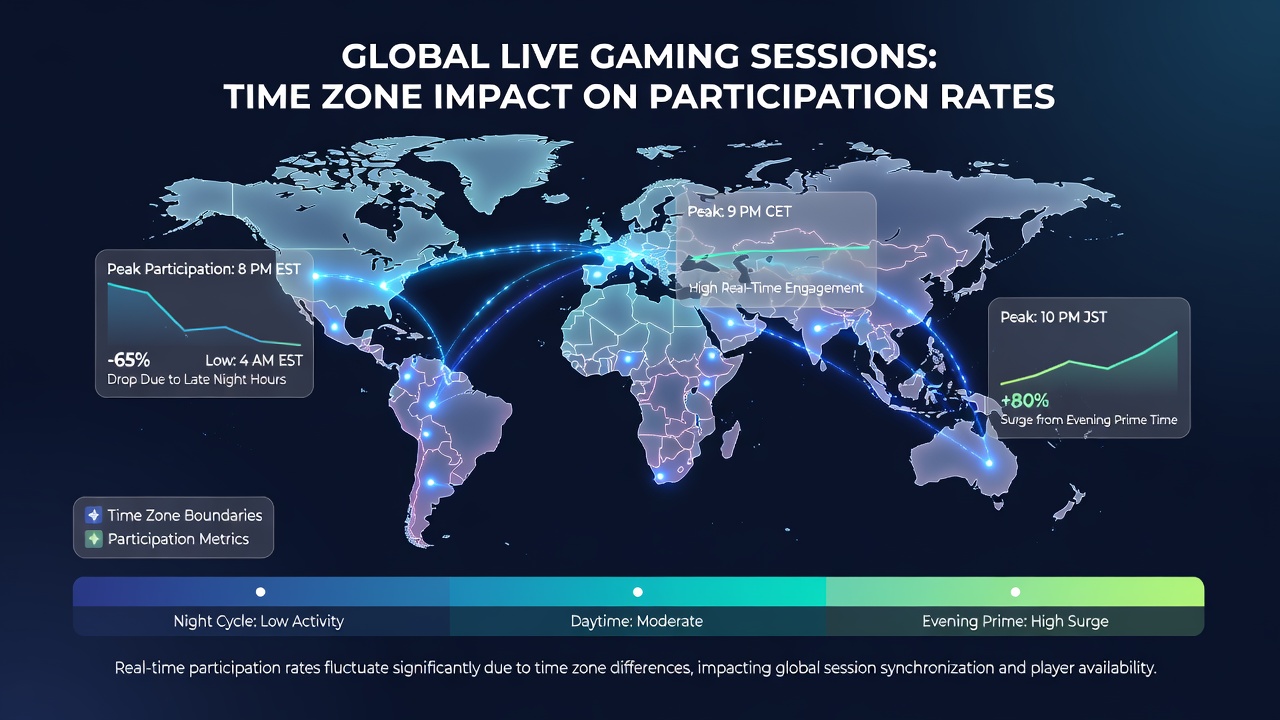 Analytics dashboard displaying participation rates across multiple time zones for mobile gaming events