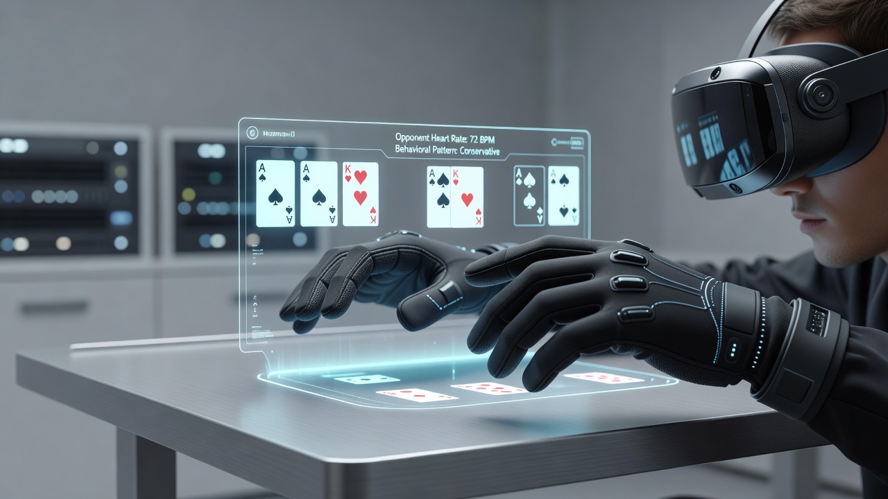 Virtual reality poker table with avatar players and gesture tracking overlays in a simulated casino setting