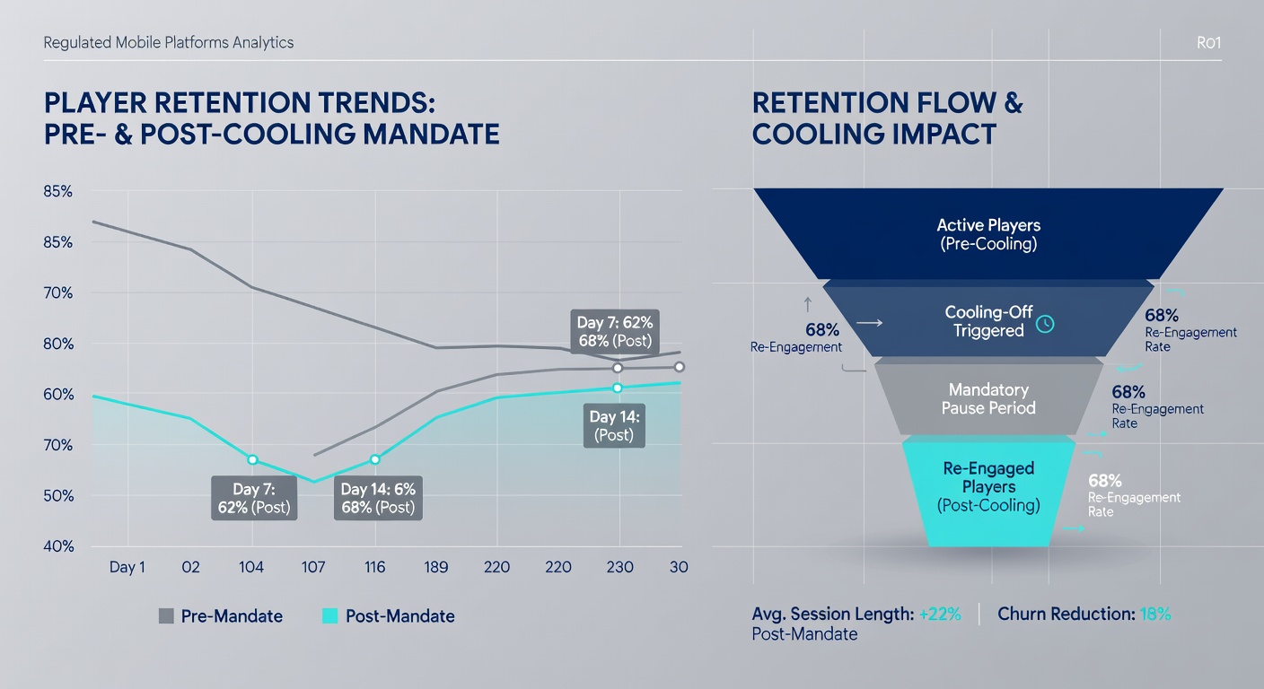 Line graph illustrating monthly player retention rates before and after cooling-off protocol implementation across multiple jurisdictions
