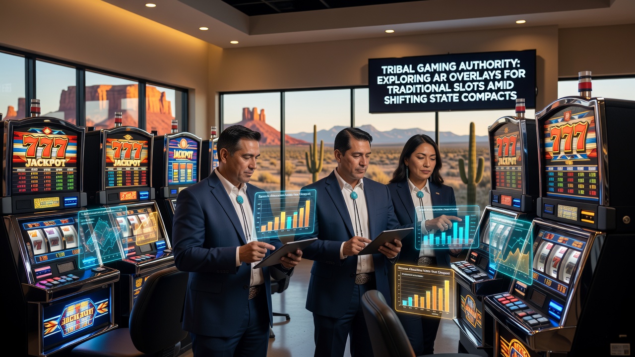 Tribal casino floor with slot machines undergoing augmented reality integration testing in the Southwest